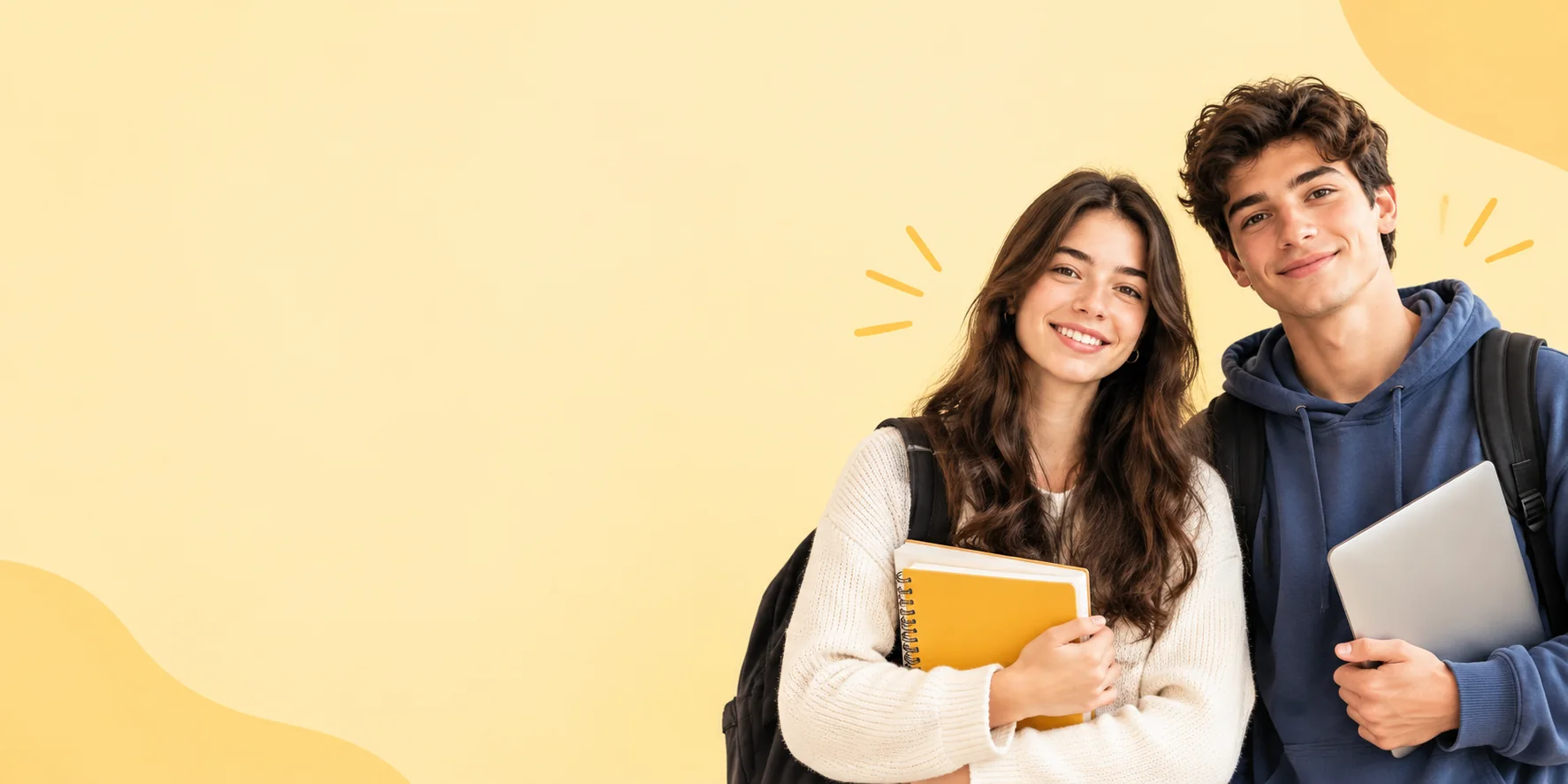 Two smiling students with backpacks, one holding a notebook and the other a laptop.